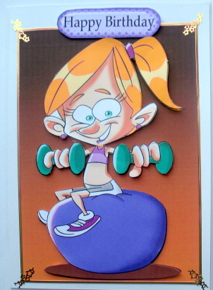 Cartoon Girl with Weights Sitting on a Bouncy Ball by Mary Murphy