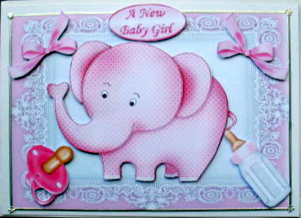 Cute Pink Baby Elephant, with Bows, Bottle & Dummy by Mary Murphy