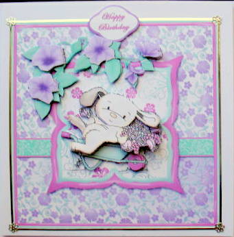 Wheelbarrow Bunny Floral Card Front by Mary Murphy