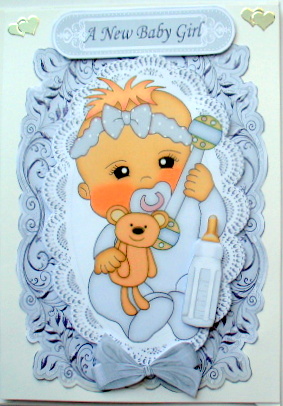 Baby Girl in Silver on Lace with Her Teddy & Bottle by Mary Murphy