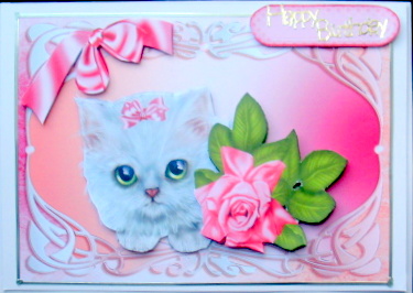 Cute Kitten with Pink Bow and Rose in Ornate Frame by Mary Murphy