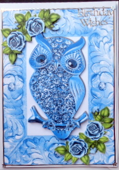 Blue Sparkle Owl with Roses in Ornate Frame by Mary Murphy