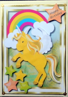 Lovely Yellow Unicorn and Rainbow by Mary Murphy