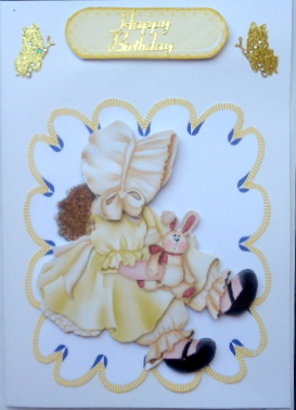 Little Bonnet Girl, in Lemon Frame with Polkadot Bows A4 by Mary Murphy