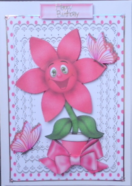 Happy Little Pink Flower with Butterflies and Bow by Mary Murphy