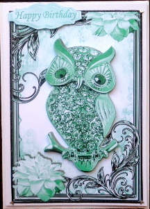 Turq Sparkle Owl with Flowers in Ornate Frame by Mary Murphy