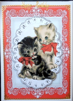 Pretty Vintage Kittens in Red Bows on Lace by Mary Murphy