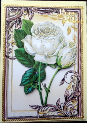 Pretty White Rose in Gold Ornate Frame with Butterfly by Mary Murphy