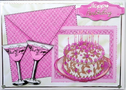 Happy Birthday Cake! with Pink Bubbly on Card and Envelope by Mary Murphy