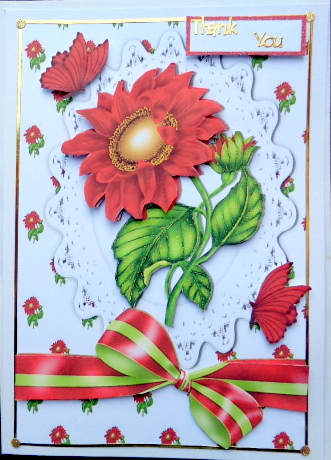 Pretty Red Sunflowers on Lace with Striped Bow by Mary Murphy