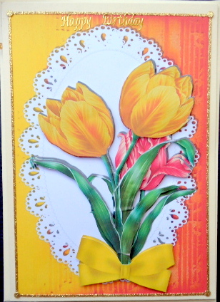 Pretty Hand Painted Red and Yellow Tulips with Bow by Mary Murphy