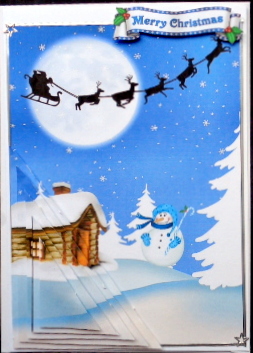 Lovely Snow Cottage with Santa Side Stacker Pyramids by Mary Murphy