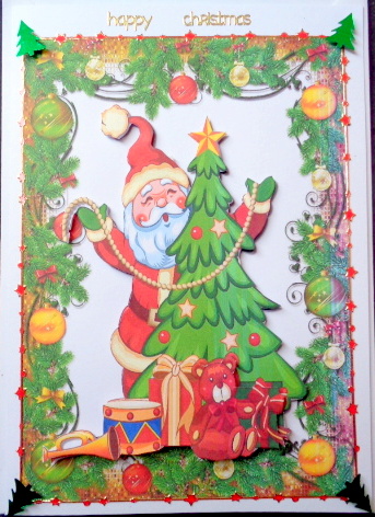 Santa with Christmas Tree and Toys in Christmas Frame by Mary Murphy