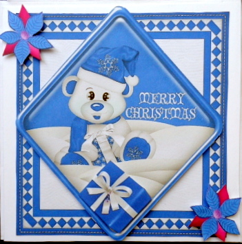 Little Bear in the Snow with Blue Present, Card & Topper by Mary Murphy