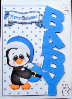 Babys Christmas with Cute Penguin with Blue Bauble by Mary Murphy