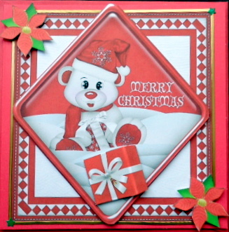 Little Bear in the Snow with Red Present, Card & Topper by Mary Murphy