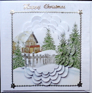 Lovely Snow Scene with Cottage Scalloped Pyramids by Mary Murphy