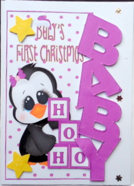 Babys First Christmas with Cute Purple Penguin Over the Edge by Mary Murphy