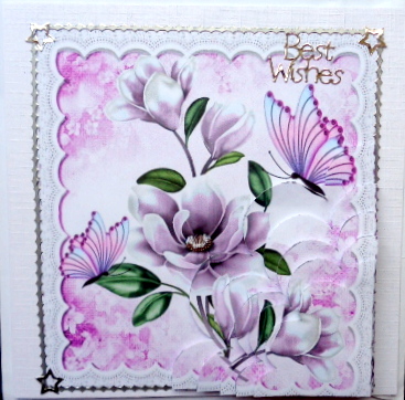 Pretty Lilac Magnolias, Butterflies and Lace Side Scalloped by Mary Murphy