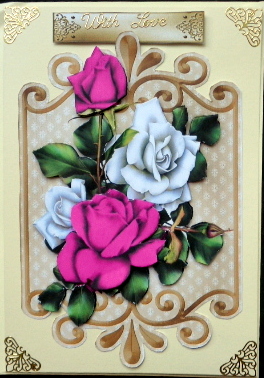 Cerise Pink and White Roses on Ornate Plaque by Mary Murphy