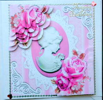 Pretty Cerise Roses with Cameo on Lace Corner Stackers by Mary Murphy