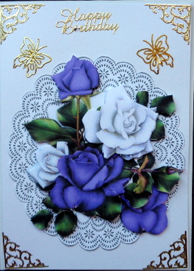 Pretty Purple/ White Roses on Lace Doilie with Butterflies by Mary Murphy