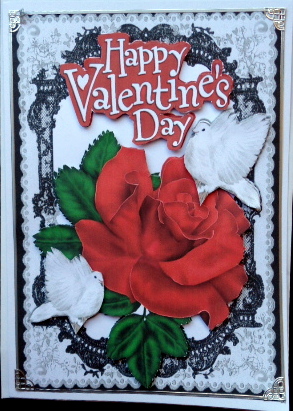 My Valentine, Red Rose, and White Doves, Black Lace by Mary Murphy