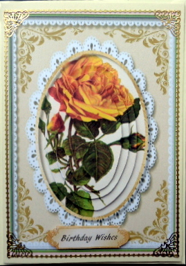 Lovely Pyramid Gold Roses in a Lace Frame by Mary Murphy