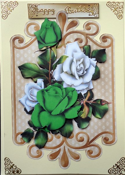 White and Green Roses on Ornate Plaque by Mary Murphy