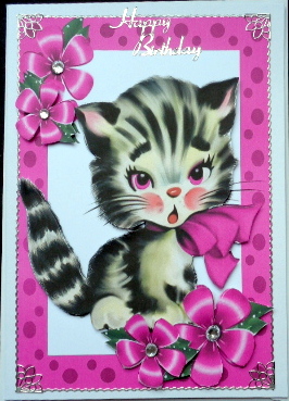 Cute Kitty in Pink Bow, with Flowers and Dotty Frame by Mary Murphy