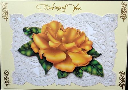Pretty Gold Rose on Vintage Lace with Pearls & Bow by Mary Murphy