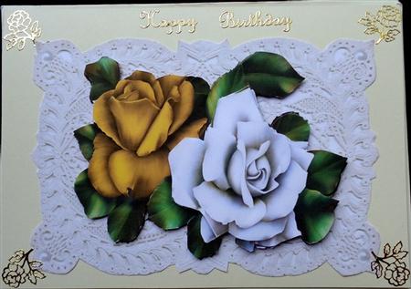Gold and White Roses on Vintage Lace with Pearls by Mary Murphy