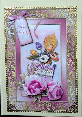 Flower Arrangement in Lilac and Gold Card Front by Mary Murphy