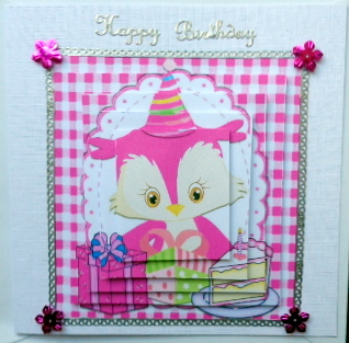 Cute Little Owl Celebrating Birthday with Cake Pink Pyramid by Mary Murphy