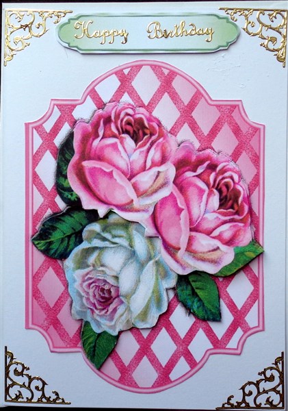 Pretty Pink/white Roses with Bow on Lattice Frame by Mary Murphy