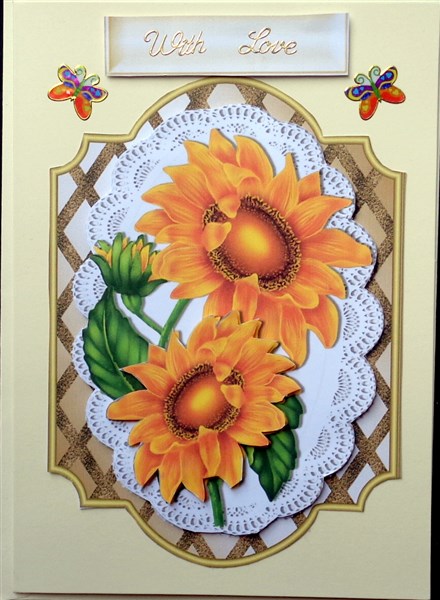 Pretty Golden Sunflowers on Lace with Bow by Mary Murphy