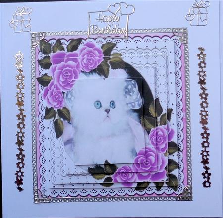 Cute White Kitten with Purple Roses in Lace Frame Pyramids by Mary Murphy