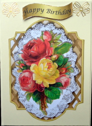 Pretty Vintage Yellow/red Roses on Lace on Lattice Frame by Mary Murphy
