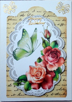 Pretty Summer Roses on Lace with Script Bow & Butterfly by Mary Murphy