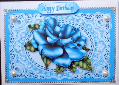 Blue Rose on Blue Vintage Lace with White Pearls by Mary Murphy