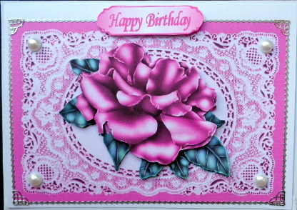 Pink Rose on Pink Vintage Lace with White Pearls by Mary Murphy
