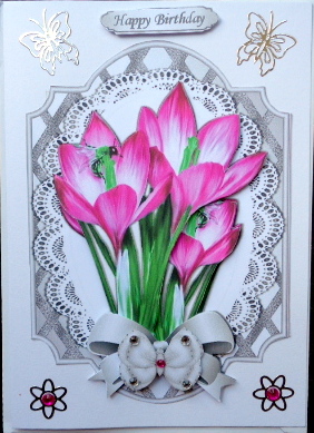 Pretty Pink Crocus and Butterflies on Silver Lattice Frame by Mary Murphy