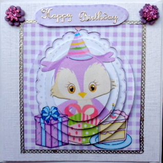 Cute Little Owl Celebrating Birthday with Cake Oval Pyramids by Mary Murphy
