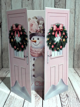 Pink Gate Fold, With Wreaths With Cute Snowman Two by Mary Thomsen