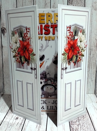 White Gate Fold With Red/White Poinsettias And Snowmen Family by Mary Thomsen