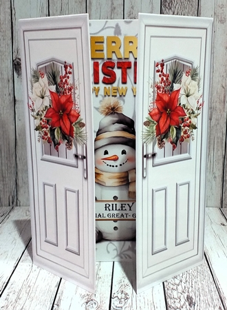 White Gate Fold And Red/White Poinsettias With Snowman/Tree by Mary Thomsen