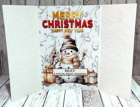 White Gate Fold And Red/White Poinsettias With Snowman/Tree by Mary Thomsen