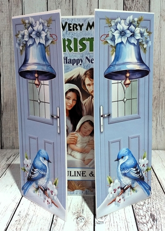Nativity WIth Baby Jesus/ Blue Birds & Pretty Blue Bells Gate fold by Mary Thomsen