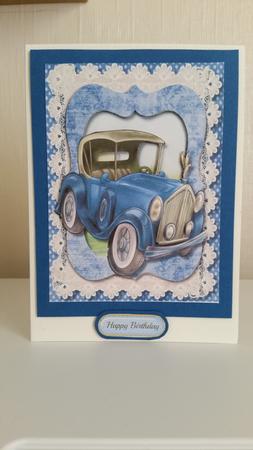 Lovely Blue Vintage Car on Lace  by Mary Wilkinson