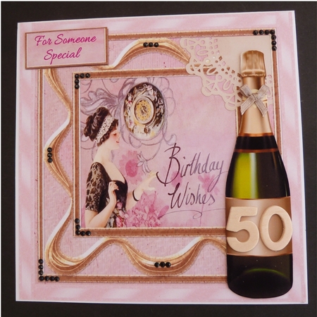 Milestone birthday card with vintage lady & champagne by Maureen Garrigan
